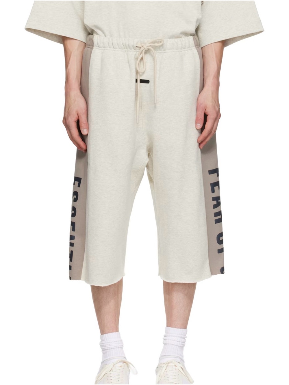 Fear of God Men's Cream Cropped Athletic Shorts with Gray Side Panels
